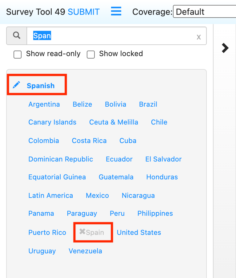 Example of parent language (Spanish) with the default region Spain and other child locales